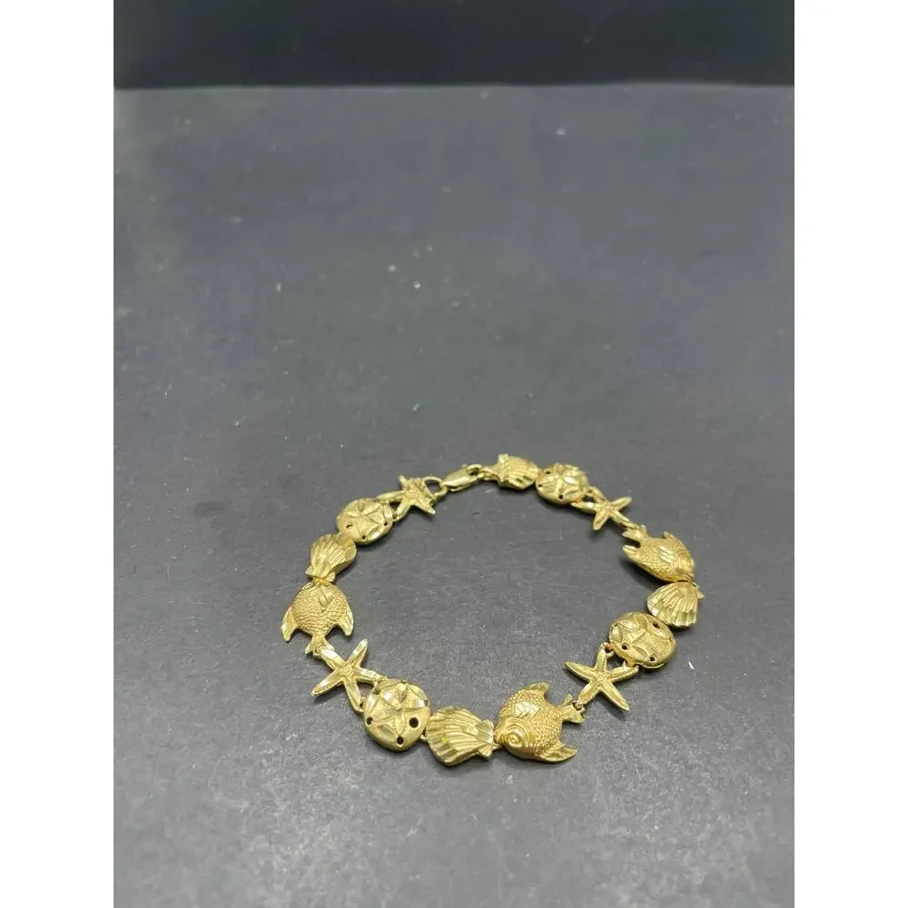14K Yellow Gold Nautical Sea Life Link Bracelet Starfish Shell Fish 12.06 Grams